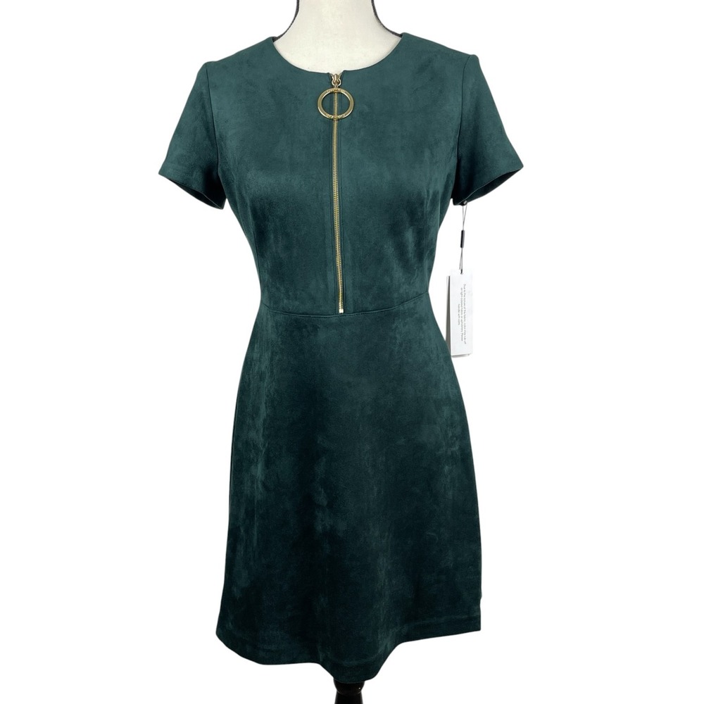 Calvin Klein Women's Sheath Dress 4 Green Faux Suede Short Sleeve Gold Ring Zip